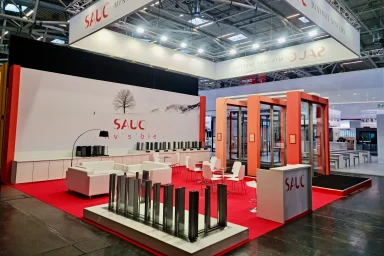 Two-storey trade fair stand with meeting area